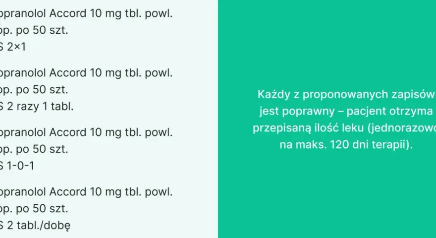 Propranolol Accord 10 mg: 3 op. po 50 szt. Każdy zapis pozwala na wydanie leku jednorazowo na maks. 120 dni terapii.