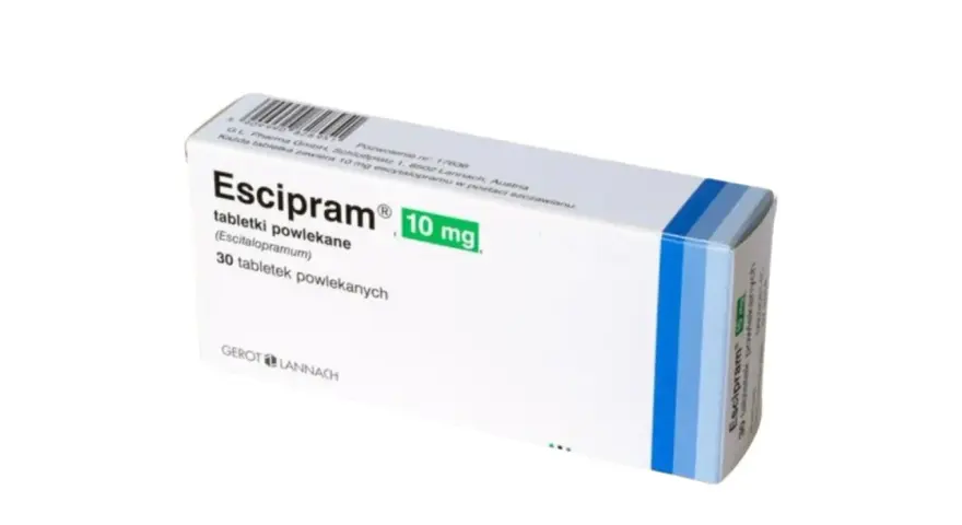 Opakowanie leku Escipram 10 mg, zawierające 30 tabletek powlekanych. To leki na poprawę nastroju od psychiatry.