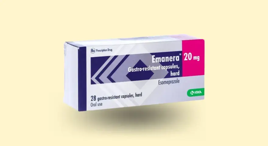 Opakowanie leku Emanera 20 mg, zawierające 28 kapsułek gastrooporność, stosowane doustnie.