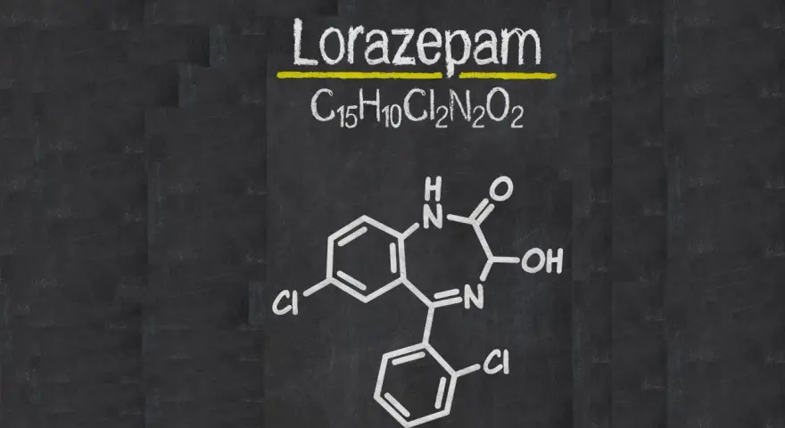 Struktura chemiczna lorazepamu. Czy lorafen jest bezpieczny? Pytanie o bezpieczeństwo leku wymaga konsultacji z lekarzem.