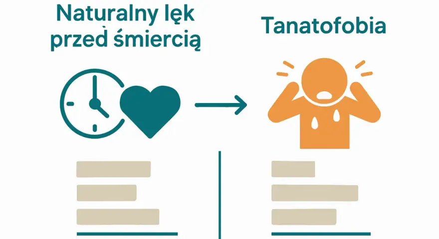 Naturalny lęk przed śmiercią (zegar, serce) ewoluuje w tanatofobię (przerażona, spocona postać).
