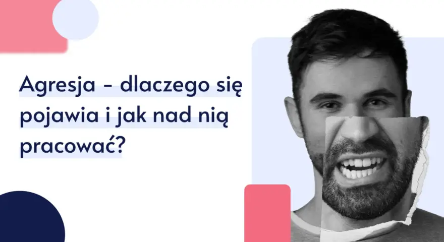 Mężczyzna z rozerwaną twarzą, symbolizującą problem, jak radzić sobie z agresją. Tekst pyta o przyczyny i sposoby pracy nad nią.