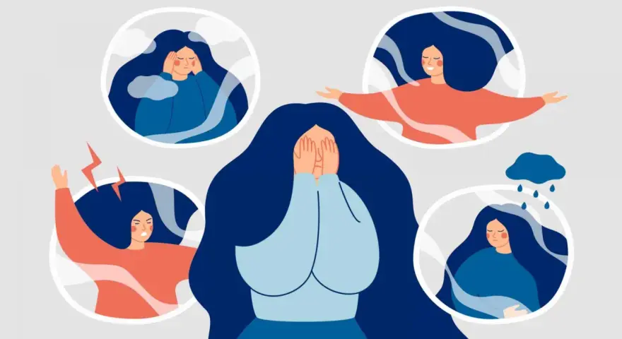 Ilustracja pokazuje różne stany emocjonalne: smutek, złość, radość, stres. To pokazuje, co to są zaburzenia emocjonalne.