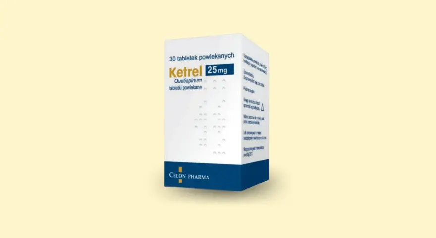 Opakowanie Ketrelu 25 mg. Pytanie "jak długo można brać ketrel" wymaga konsultacji z lekarzem.