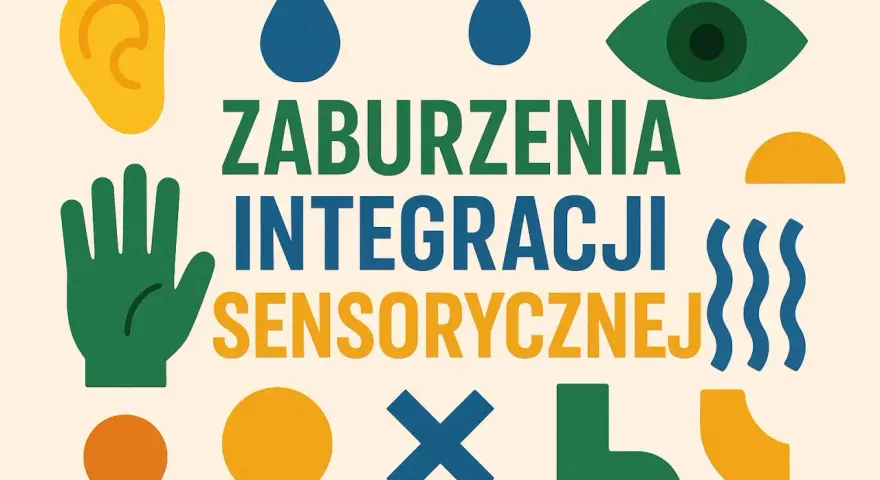 Grafika z tekstem "Zaburzenia Integracji Sensorycznej" i symbolami zmysłów: ucho, oko, dłoń, krople, fale.