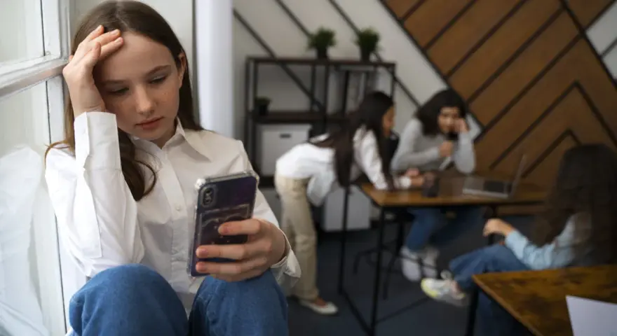 Dziewczyna z telefonem w dłoni, z ręką na czole, czuje się wyobcowana. W tle inne osoby, które nie zwracają na nią uwagi, odzwierciedlając jej neleczona fobia społeczna.