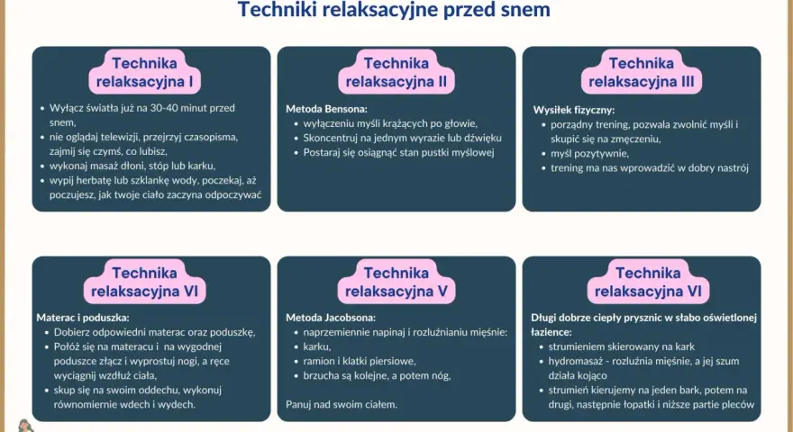Techniki relaksacyjne przed snem: wyłącz światła, skup się na oddechu, stosuj metodę Jacobsona, by jak się zrelaksować psychicznie.