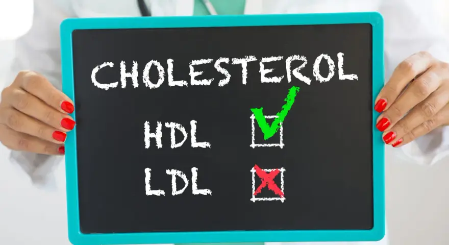 Tablica z napisem "CHOLESTEROL", HDL zaznaczone zielonym ptaszkiem, LDL czerwonym krzyżykiem. Czy wysoki cholesterol zawsze wymaga leków?