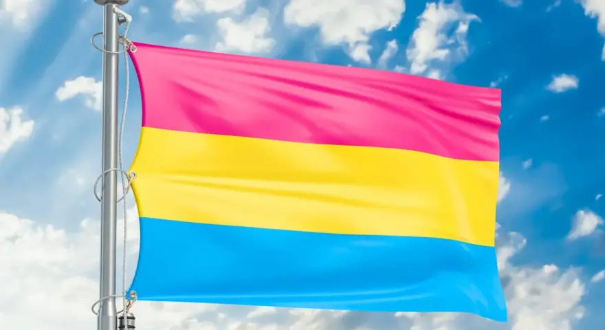 Flaga panseksualna powiewa na tle błękitnego nieba z chmurami. Symbolizuje miłość do wszystkich płci, bo co to pansexual.