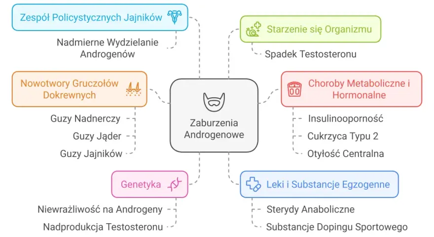 Schemat przedstawia przyczyny zaburzeń androgenowych, w tym choroby metaboliczne i hormonalne, nowotwory, genetykę, leki i starzenie się organizmu.