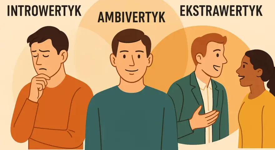 Ambiwertyk to osoba, która czerpie energię zarówno z samotności, jak i z interakcji. Na ilustracji widać go między introwertykiem a ekstrawertykiem.
