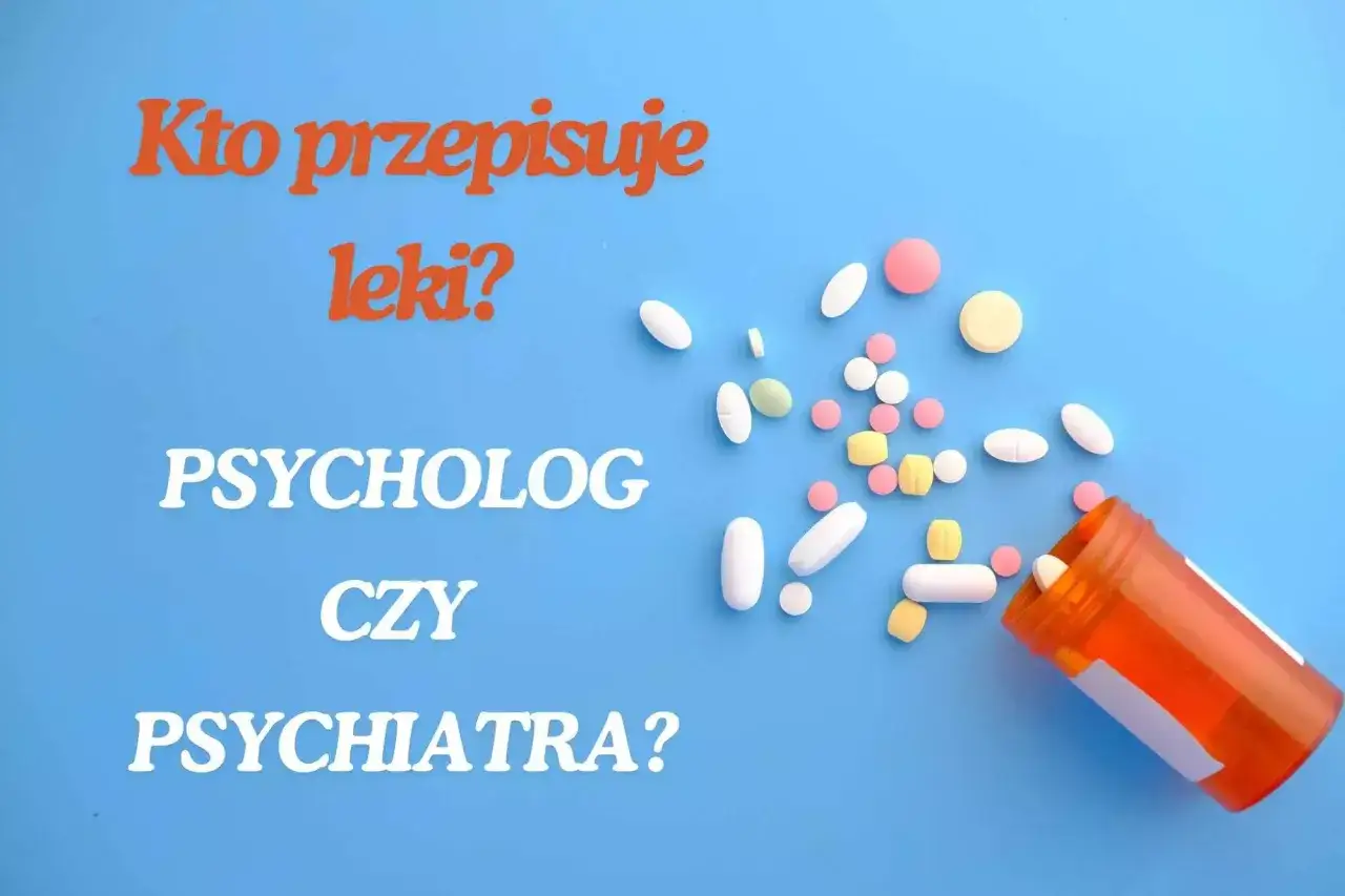 Kto przepisuje leki na poprawę nastroju od psychiatry? Na niebieskim tle rozsypane tabletki i otwarty pojemnik.