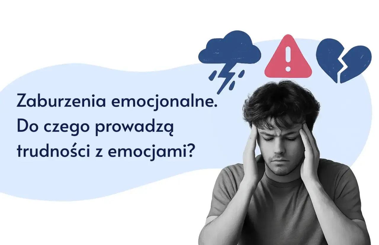 Młody mężczyzna z rękami na skroniach, symbolizujący, co to są zaburzenia emocjonalne. Obok chmura deszczowa, znak ostrzegawczy i złamane serce.
