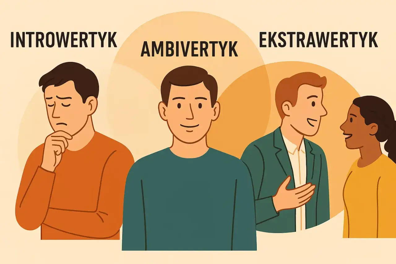 Ambiwertyk to osoba, która potrafi odnaleźć się zarówno w samotności, jak i w towarzystwie. Ilustracja pokazuje trzy typy osobowości: introwertyka, ambiwertyka i ekstrawertyka.