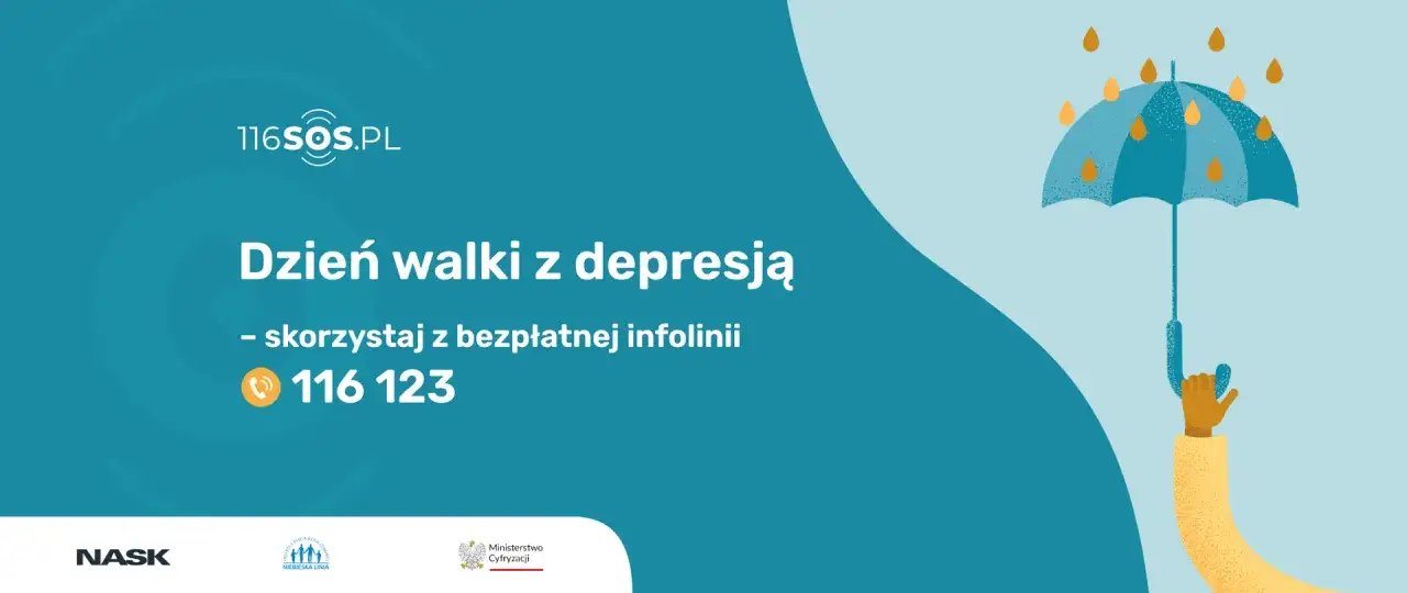 Dzień walki z depresją. Gdy czujesz brak chęci do życia, zadzwoń pod bezpłatny numer 116 123. Parasol chroni przed deszczem.