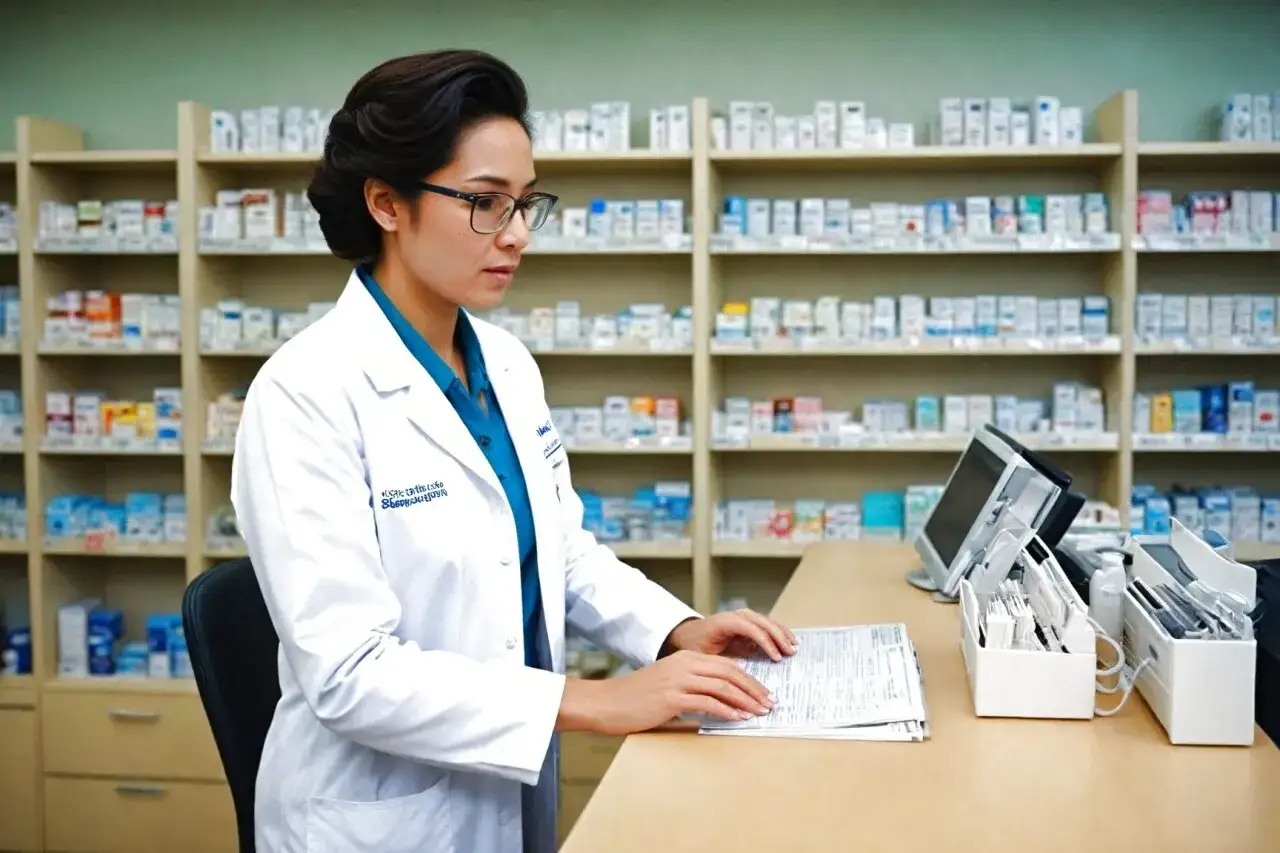 Farmaceutka sprawdza, ile opakowań leku można wydać jednorazowo, stojąc przed regałami pełnymi leków.