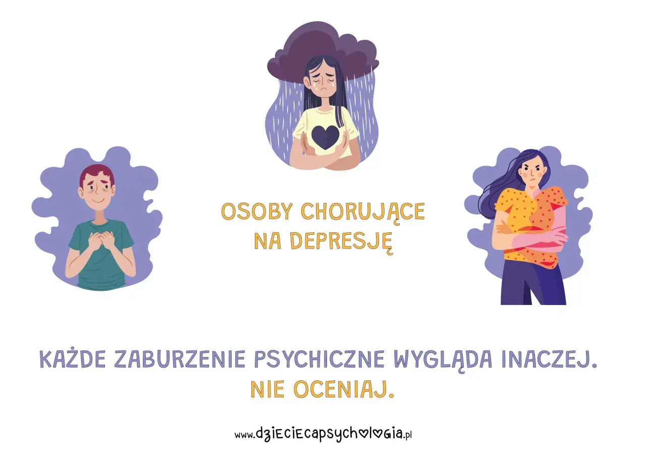 Ilustracja pokazuje, jak rozpoznać problemy psychiczne. Po lewej mężczyzna z uśmiechem, po prawej kobieta ze złością, a na górze dziewczynka płacząca pod chmurą.