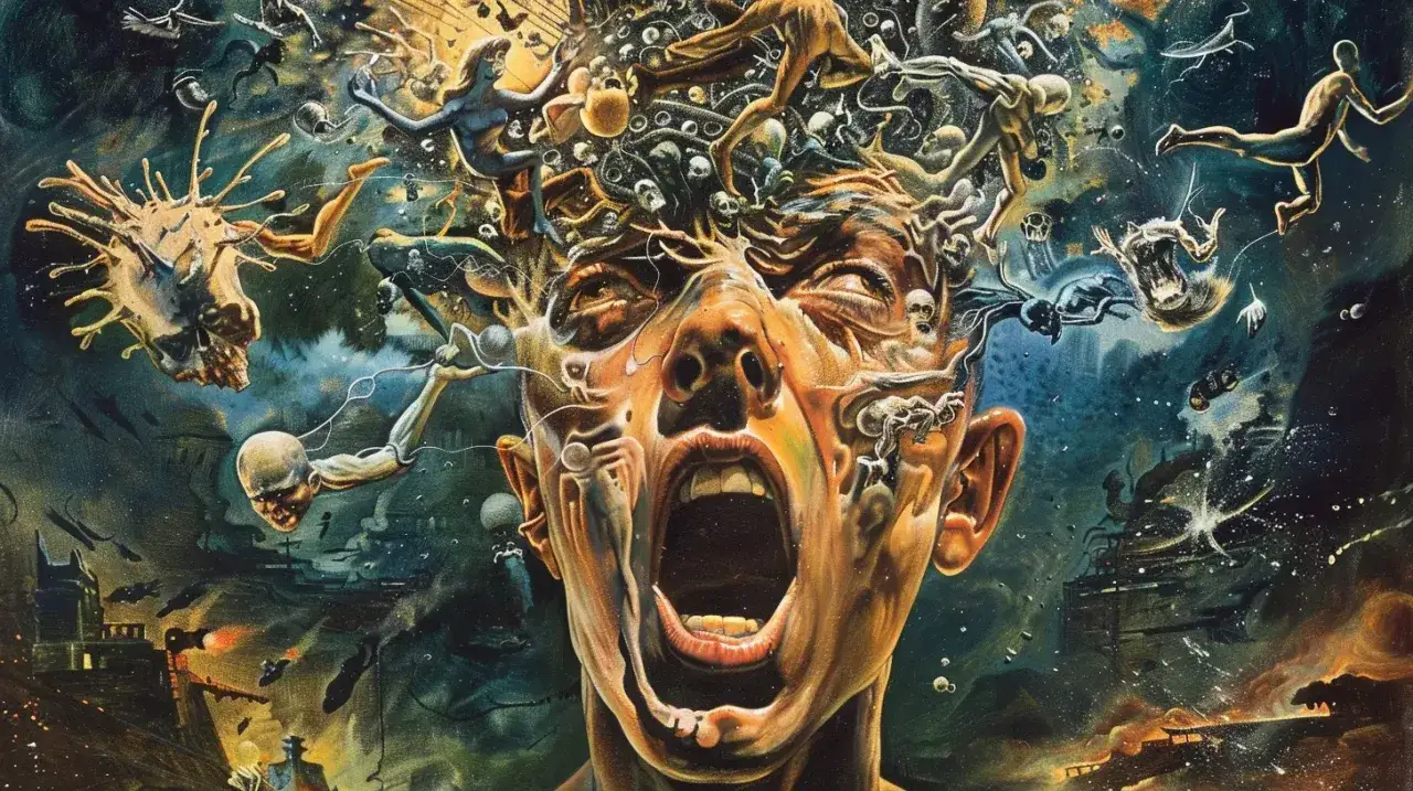 Przerażająca wizja chaosu w głowie, symbolizująca, co to jest choroba psychiczna. Postacie i czaszki wyrastają z twarzy, ukazując wewnętrzną walkę.