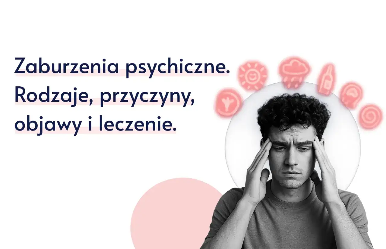 Młody mężczyzna z rękami na skroniach, wyrażający cierpienie. Obok tekst: 