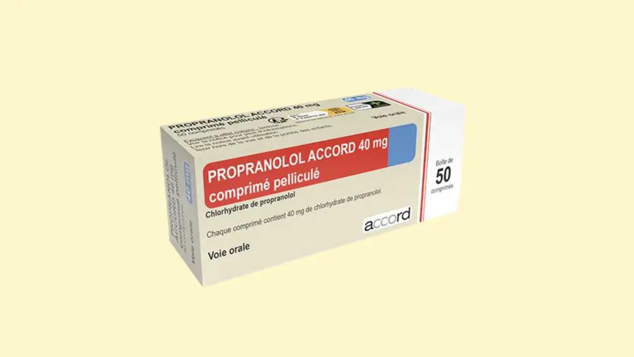 Opakowanie leku Propranolol Accord 40 mg, 50 tabletek. Stosowany m.in. w leczeniu objawów nerwicy.
