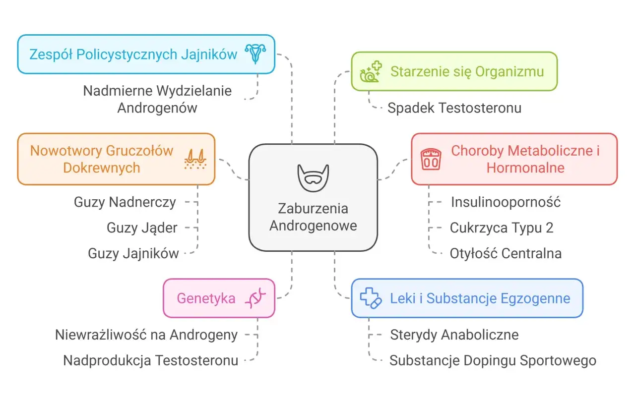 Schemat wyjaśnia, co to zaburzenia hormonalne, pokazując ich przyczyny: zespół policystycznych jajników, nowotwory, genetyka, starzenie, choroby metaboliczne, leki.
