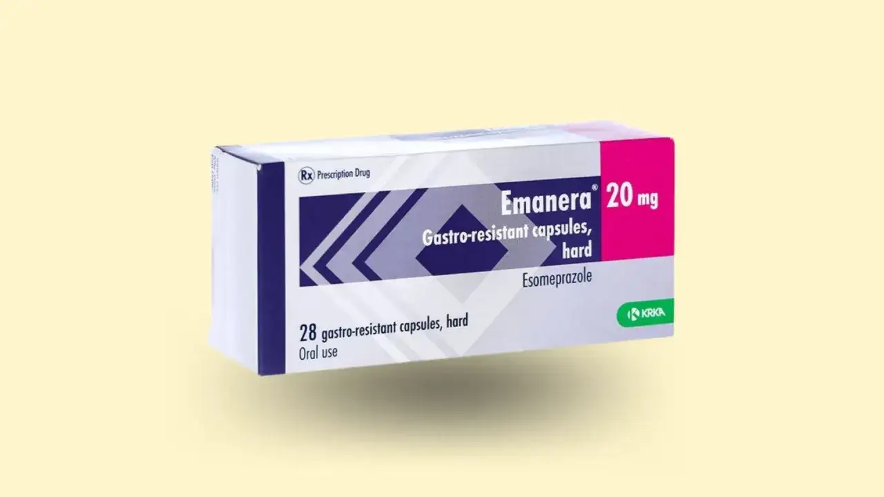 Opakowanie leku Emanera 20 mg, zawierające 28 kapsułek gastrooporność, z substancją czynną Esomeprazol.
