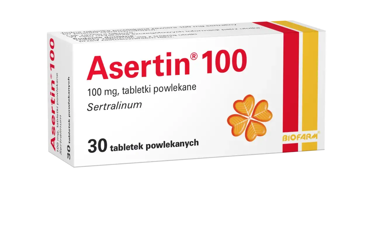 Opakowanie leku Asertin 100 mg, zawierającego sertralinę, stosowanego w leczeniu depresji i innych schorzeń.