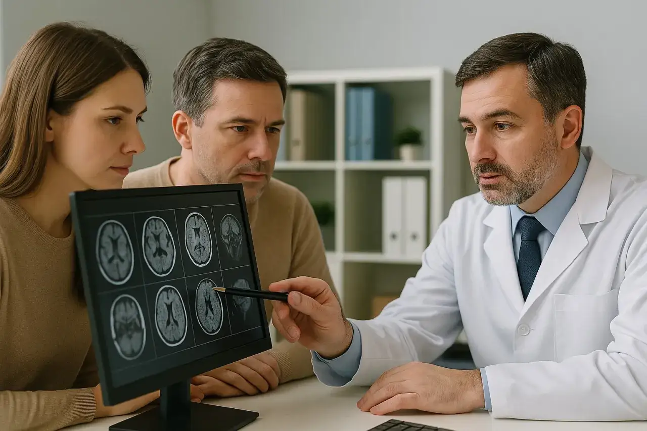 Lekarz omawia wyniki rezonansu mózgu z parą. Obraz przedstawia przekroje mózgu, kluczowe dla diagnozy FAS u dorosłych.
