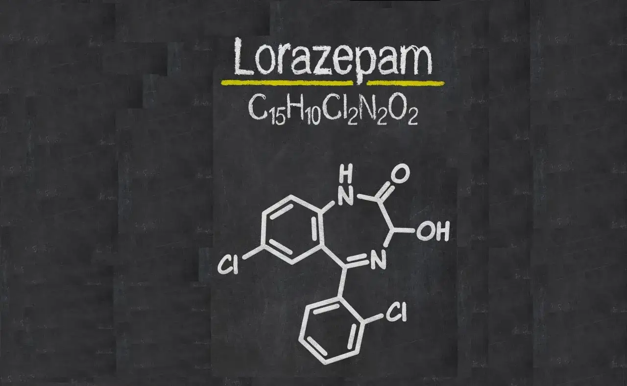 Struktura chemiczna lorazepamu, leku często stosowanego w leczeniu lęku. Pytanie 