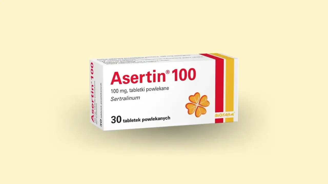 Opakowanie leku Asertin 100 mg, zawierające 30 tabletek powlekanych z sertraliną. Asertin co to za lek? To lek na receptę.
