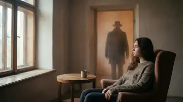 Młoda kobieta siedzi w fotelu, patrząc w okno. W tle, w drzwiach, stoi postać w kapeluszu, przypominająca ojca. Czy to właśnie są "co to daddy issues"?
