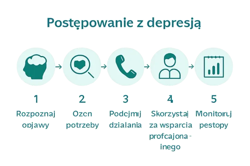 Pięć kroków jak sobie radzić z depresją: rozpoznaj objawy, oceń potrzeby, podejmij działania, skorzystaj ze wsparcia, monitoruj postępy.