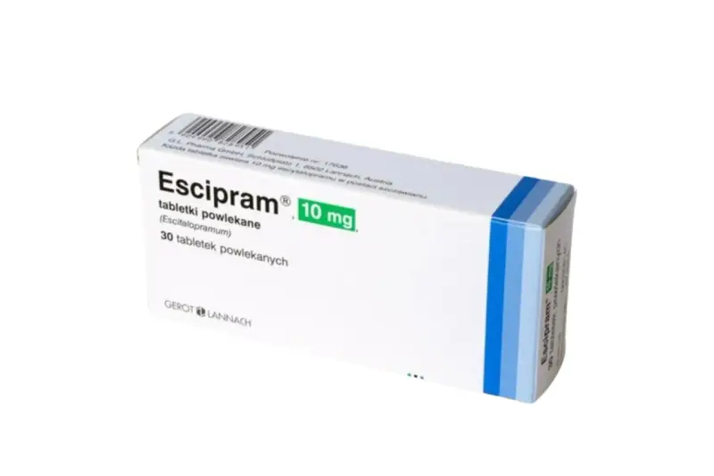 Opakowanie leku Escipram 10 mg, zawierające 30 tabletek powlekanych. To leki na poprawę nastroju od psychiatry.